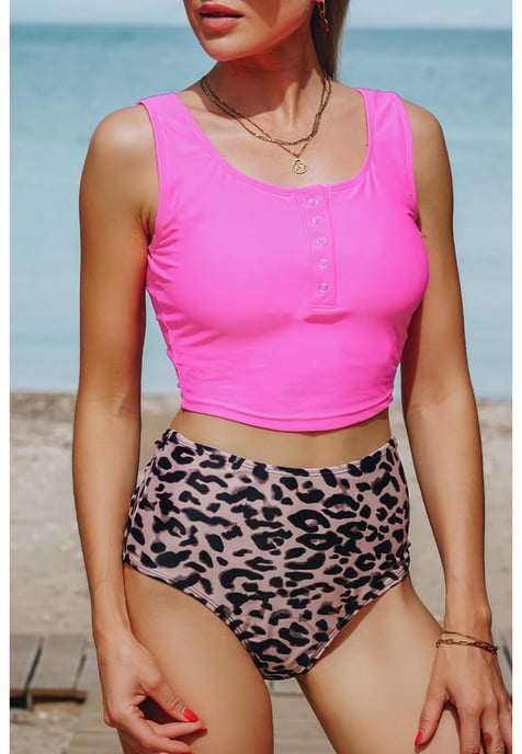 Women's Fashion Print Square Neck Sleeveless Tankini Set in Leopard - Image 1
