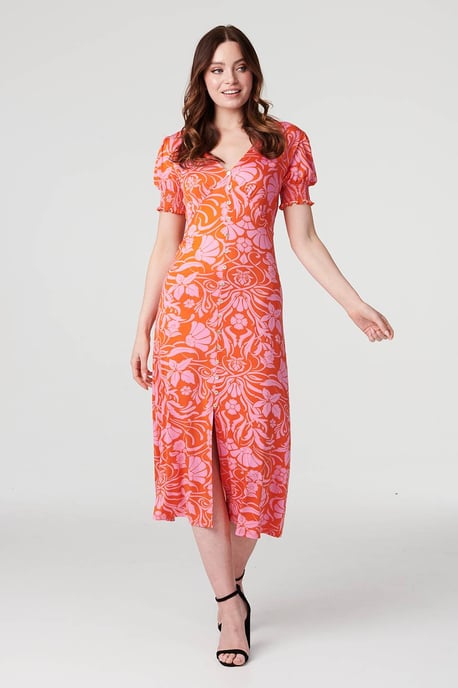 Orange Floral Tie Back Midi Tea Dress
