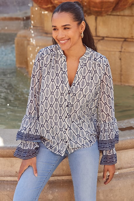 Navy Blue Geometric Print Fluted Cuff Contrast Trim Blouse