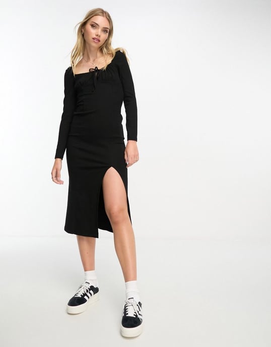 Miss Selfridge long puff sleeve detail midi dress in black