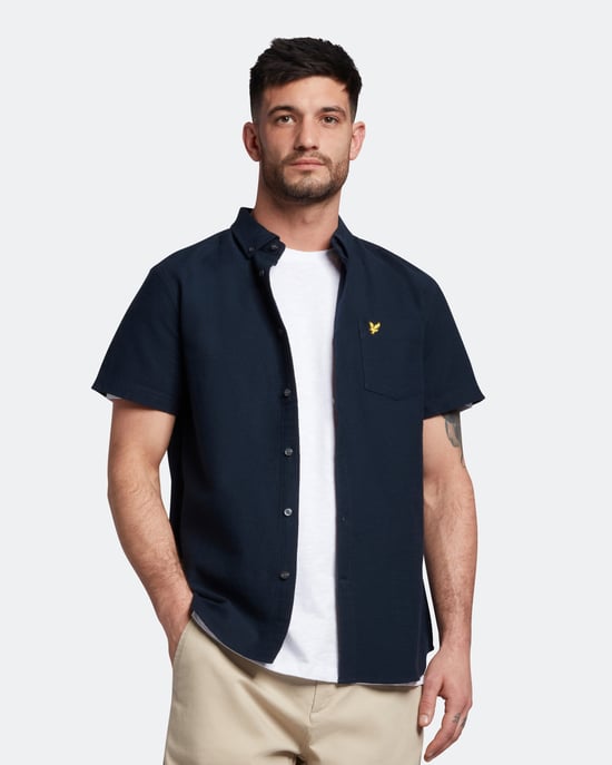 Lyle & Scott Cotton Slub Short Sleeve Shirt in Navy - Image 1