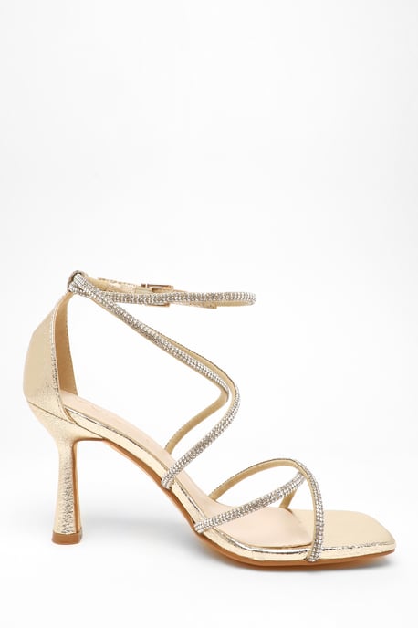 Wide Fit Gold Foil Diamante Strappy Heeled Sandals