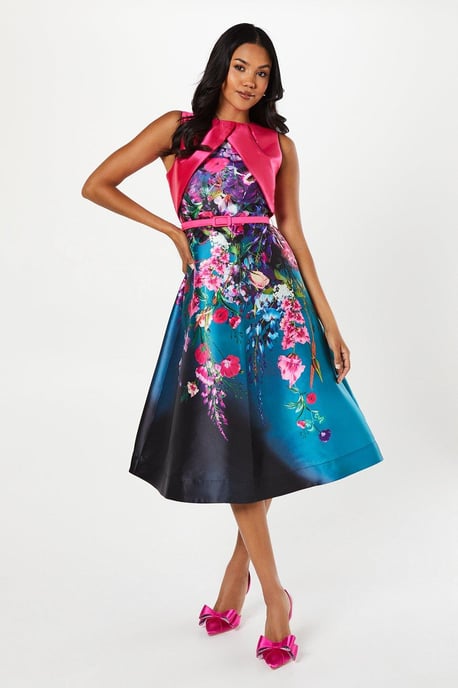 Trailing Floral Overlay Bodice Satin Twill Midi Dress - Image 1