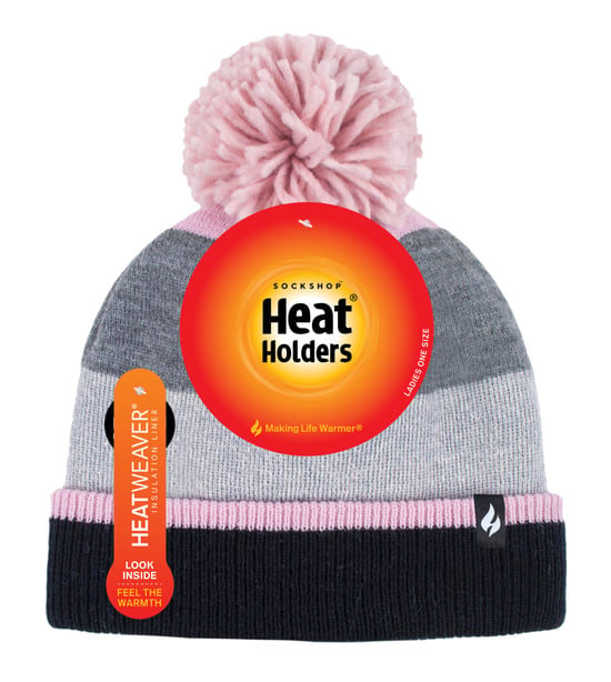 Heat Holders - Varm stickad fleece fodrad vinterhatt för damer med Pom Pom - Grå / Rosa - Image 2