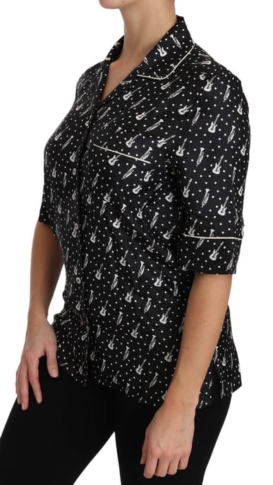 Dolce & Gabbana Women's Black Guitar & Trumpet Print Silk Shirt Top - Image 2