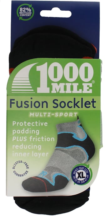 1000 Mile - Mens Fusion Ankle Repreve Padded Anti Blister Socks - Silver / Orange - Image 2