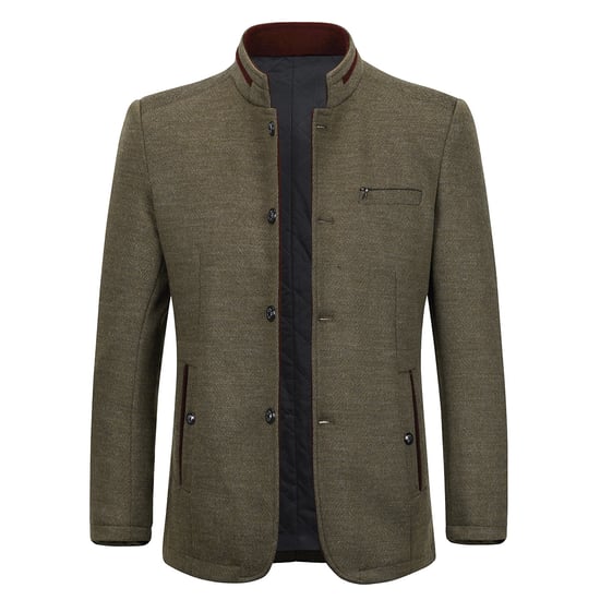 Men's Short Slim Fit Coat with Stand-Up Collar Business Casual Wool Overcoat Khaki - Image 1