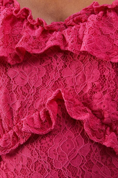 Corded Lace Ruffle Fallen Shoulder Midi Dress