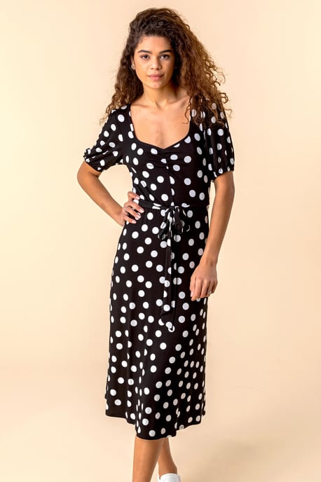 Ruched Neck Spot Print Midi Dress