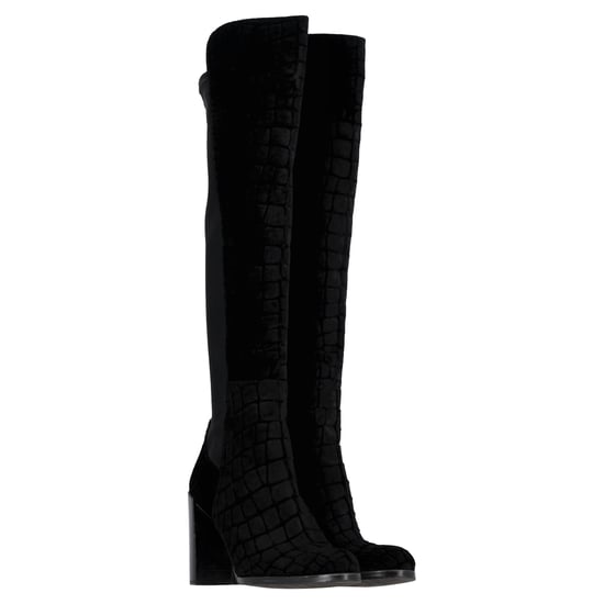 Stuart Weitzman Crocodile-Embossed Knee-High Heeled Boots in Black Velvet - Image 3
