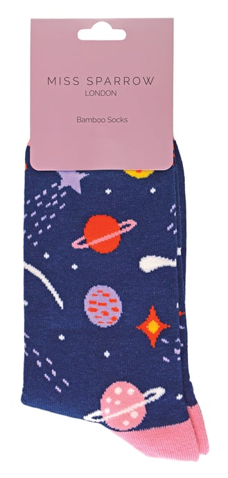 Miss Sparrow - Ladies Breathable Solar System Pattern Bamboo Socks - Space (Navy) - Image 2