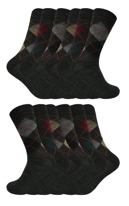 12 Pair Multipack Mens Lambswool Socks | Sock Snob | Thin and Soft Honeycomb Top Argyle Patterned Socks - Grey - Image 1