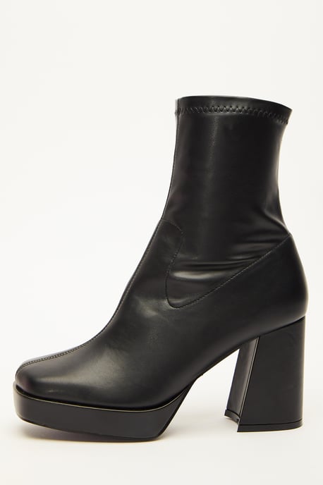 Black Faux Leather Platform Heeled Ankle Boots