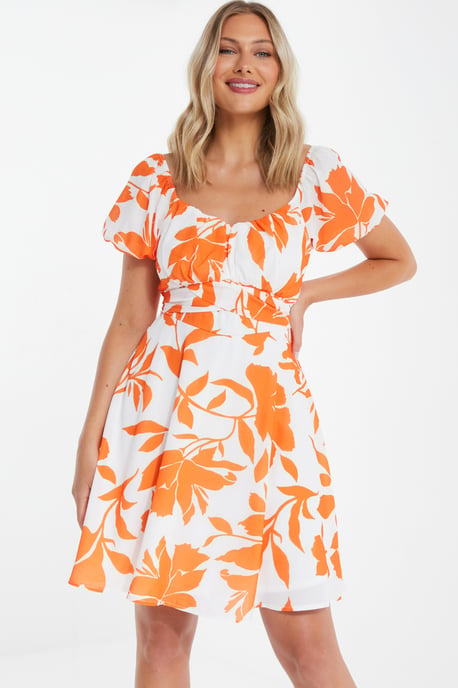 Orange Floral Skater Mini Dress