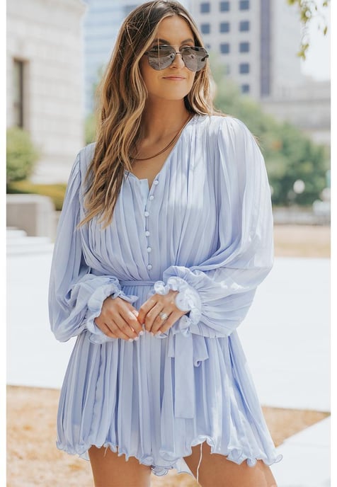 Women's Pleated Ruffled Tie Waist Romper in Sky Blue - Image 2