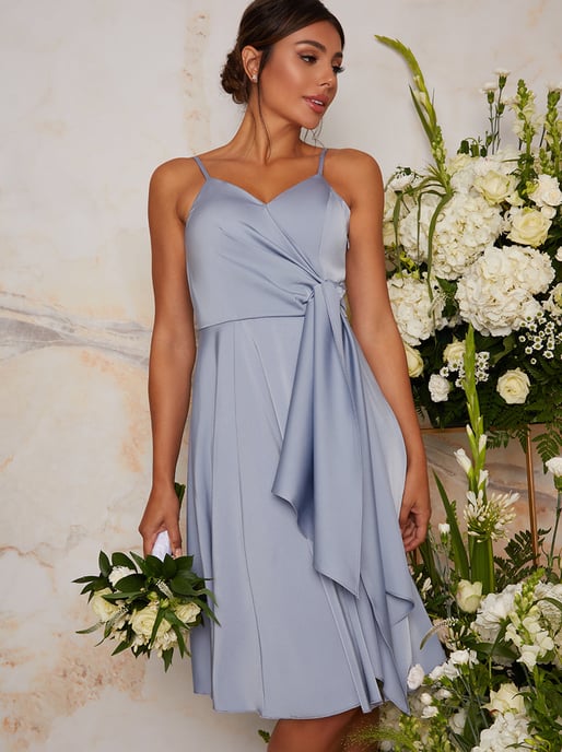 Satin Cami Strap Wrap Midi Dress in Blue
