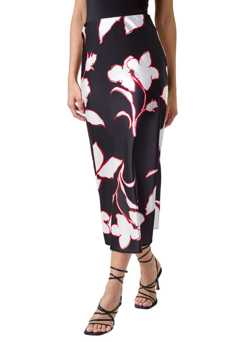 Floral Satin Elastic Waist A Line Midi Skirt