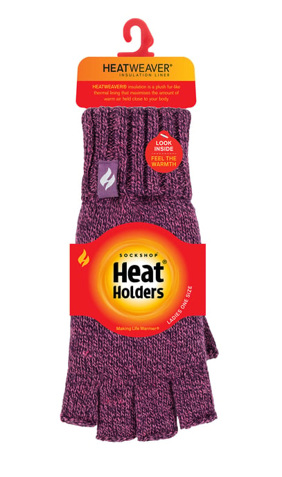 Ladies Solid Knitted Fingerless Gloves | HEAT HOLDERS | Purple Twist - Image 2