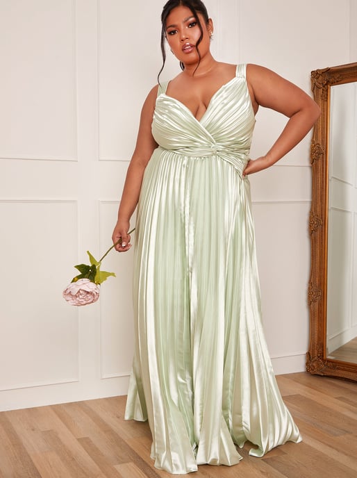 Plus Size Satin Pleated Wrap Maxi Dress in Mint