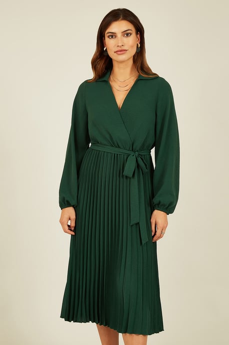 Green Long Sleeve Pleated Dress
