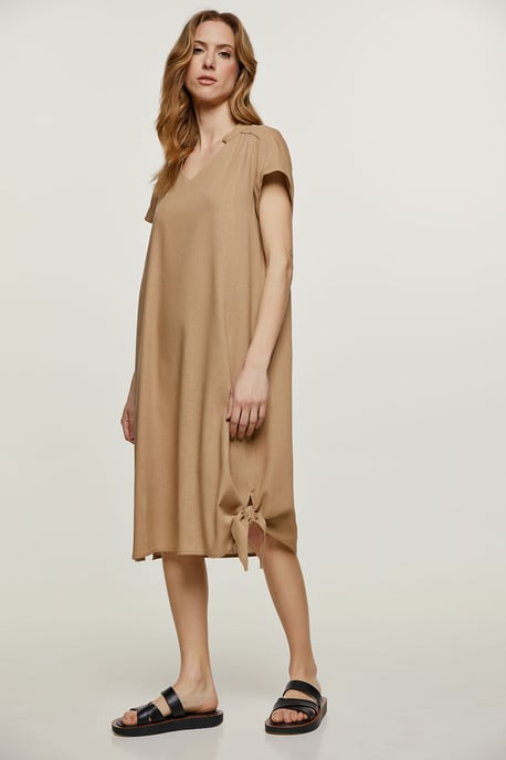 Beige Midi Jurk met Strikdetail - Image 1