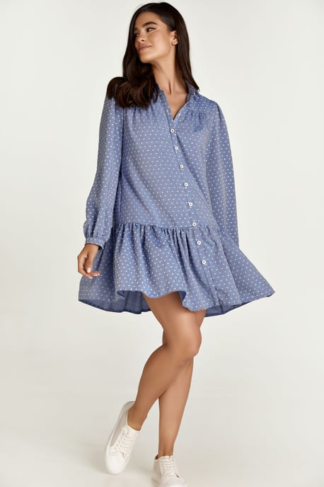 Denim Stil Broderad Klänning med Knappar - Image 4