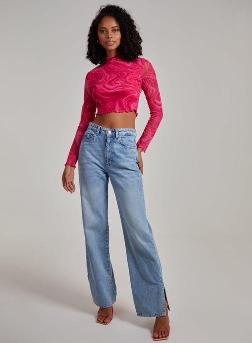 Marble Swirl Long Sleeve Mesh Crop Top