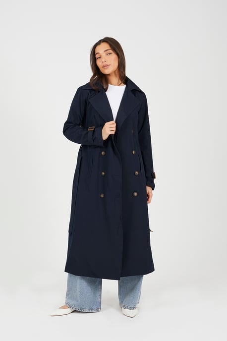 Navy Double-Breasted Longline Trench Coat - Image 3