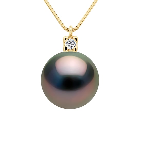 Necklace Jewelry Diamonds 0,03 Cts - Real Cultured Tahiti Pearl Round 9-10 mm