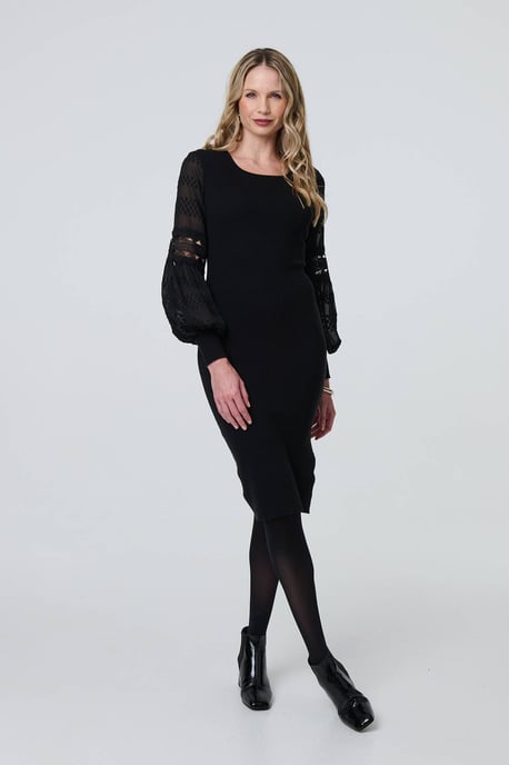 Black Long Sheer Sleeve Bodycon Knit Dress