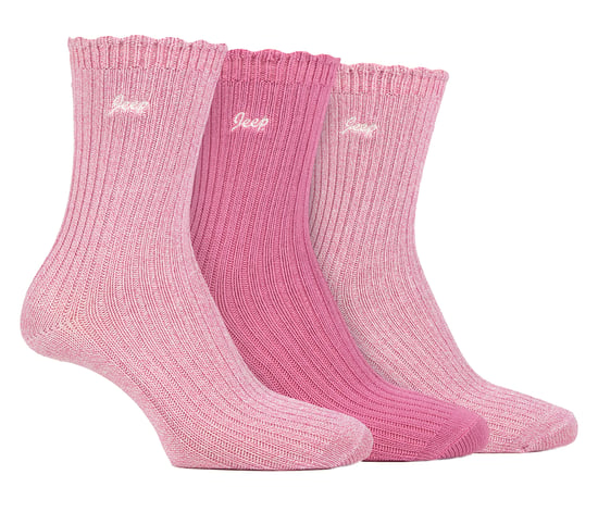 Women Bamboo Boot Socks | Jeep | Cute Ribbed Scalloped Ankle Socks for Ladies, Anti Blister Knit Cushioned Socks - Cerise / Cream - Image 1