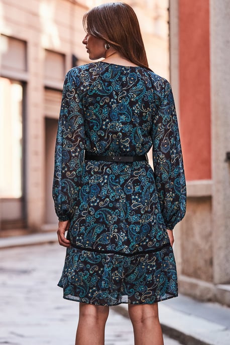 Navy Blue Paisley Print Fit & Flare Dress
