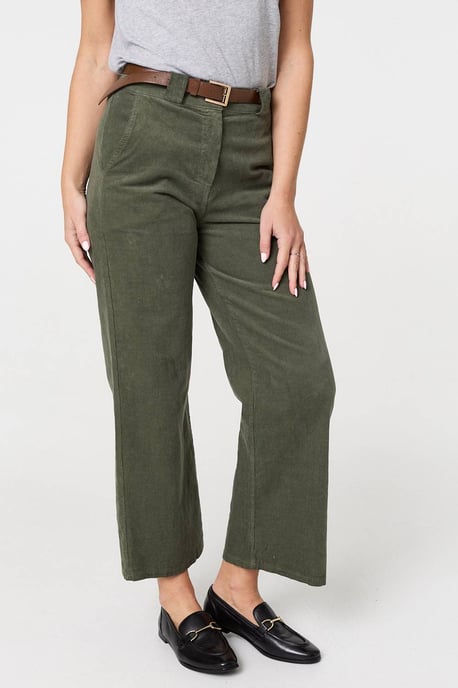 Green Faux Leather Belt Corduroy Trousers
