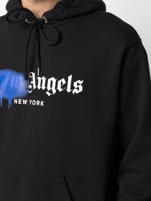 Palm Angels New York Blue Sprayed Logo-print Hoodie Black - Image 4