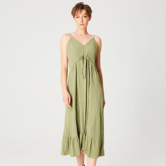Trapeze midi dress with drawstring and thin shoulder straps