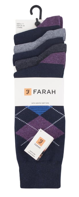 Farah - 5 Pack Mens Thin Breathable Classic Argyle Patterned Soft Top Cotton Dress Socks - FCS270NVYPUR (Argyle) - Image 2
