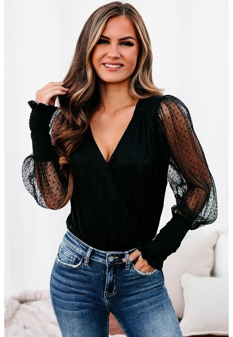 Women's Mesh Surplice Bodysuit in Black - Image 3