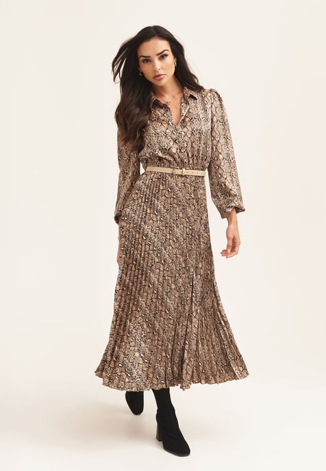 Beige Snake Print Pleated Shirt Dress With Belt - Image 1