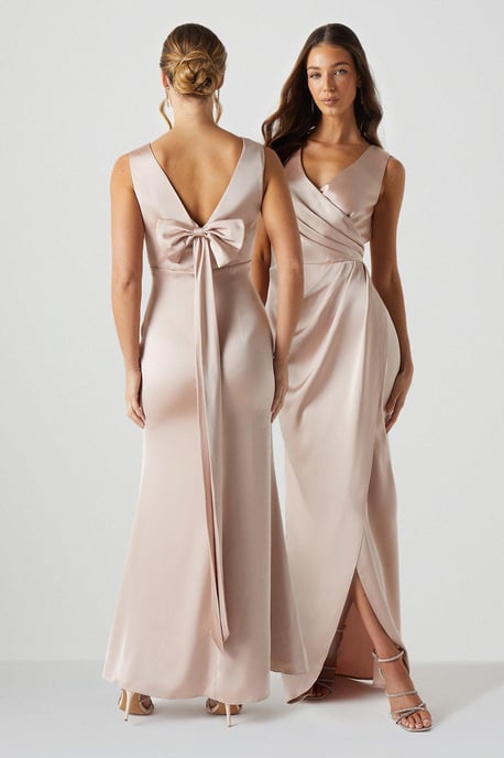 Bow Back V Neck Satin Bridesmaids Dress - Image 1