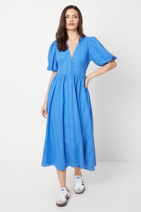 Broderie Puff Sleeve Button Through Midi Dress
