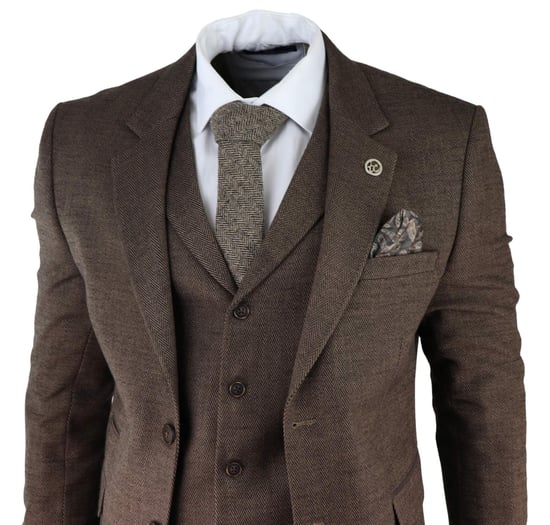 Mens Brown 3 Piece Tweed Herringbone Suit Peaky Blinders Classic Tailored - Image 3