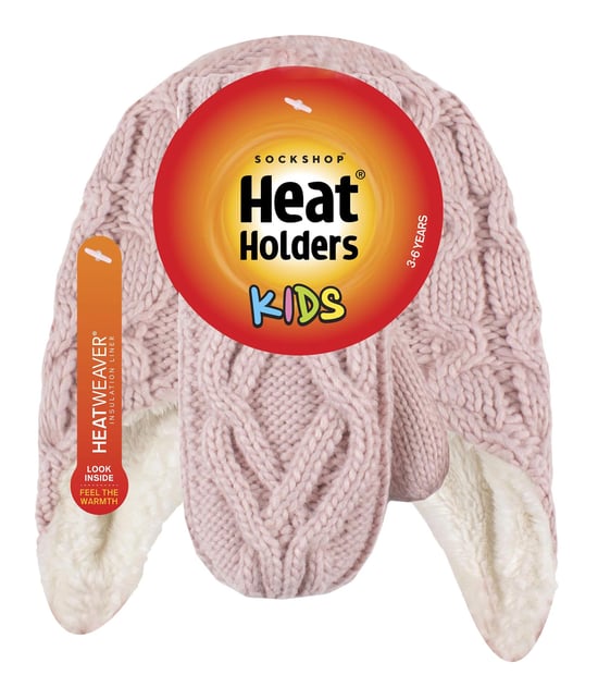 Heat Holders - Girls Majestic Soft Cosy Cable Knitted Design Bobble Trapper Hat and Mittens Gloves Set - Dusky Pink - Image 2