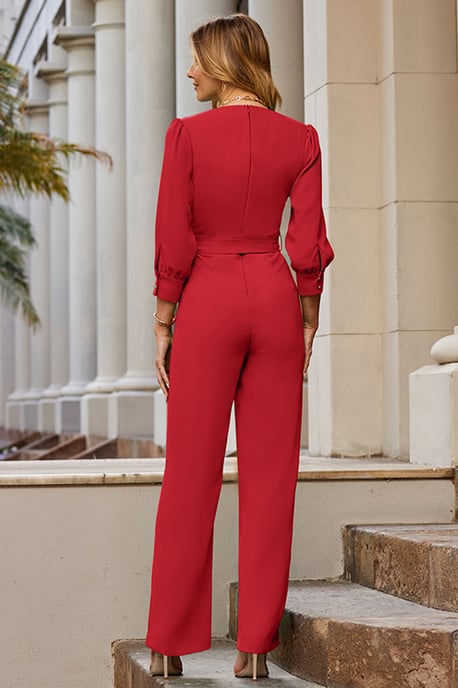 Red Tailored Wrap Front Tie Waist Jumpsuit