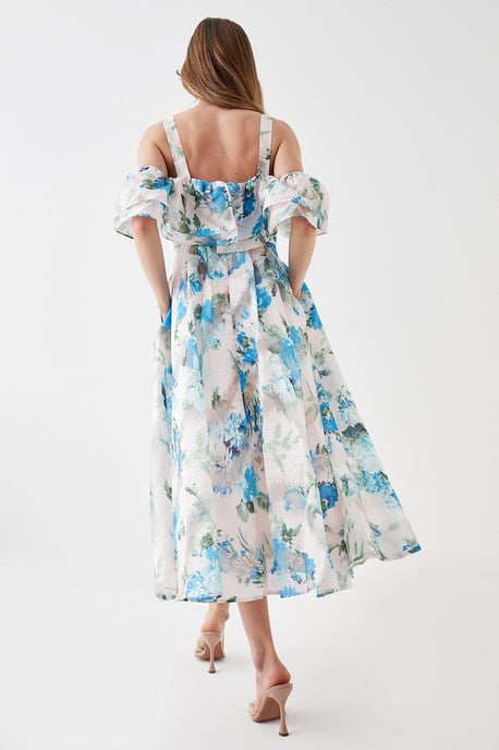 Jacquard Frill Bardot Midi Dress