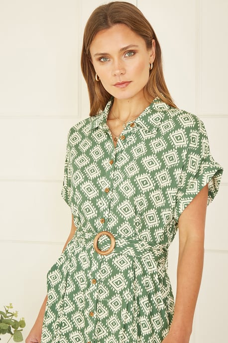 Green Viscose Midi Shirt Dress With Matching Belt