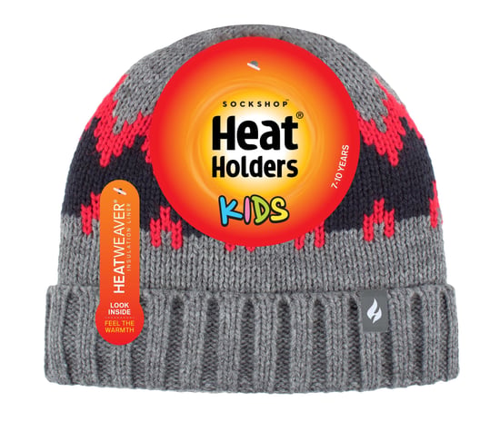 Heat Holders - Boys Thick Ribbed Woven Knitted Soft Pom Pom Bobble Beanie Hat - Pebble Melange/Red/Navy - Image 2