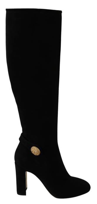 Dolce & Gabbana Black Suede Gold DG Logo Knee Boots Shoes