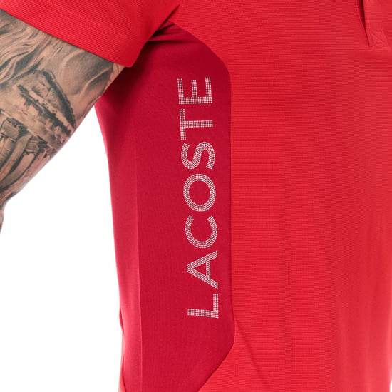 Men's Lacoste Lettering And Panels Knit Golf Polo in Red