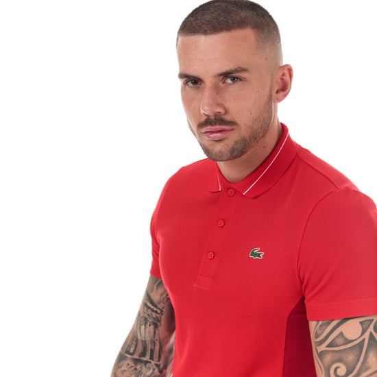 Men's Lacoste Lettering And Panels Knit Golf Polo in Red