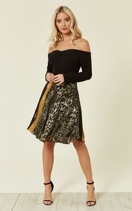 Let's Get Lost Off The Shoulder Leopard Print Going Out Mini Dress in Black
